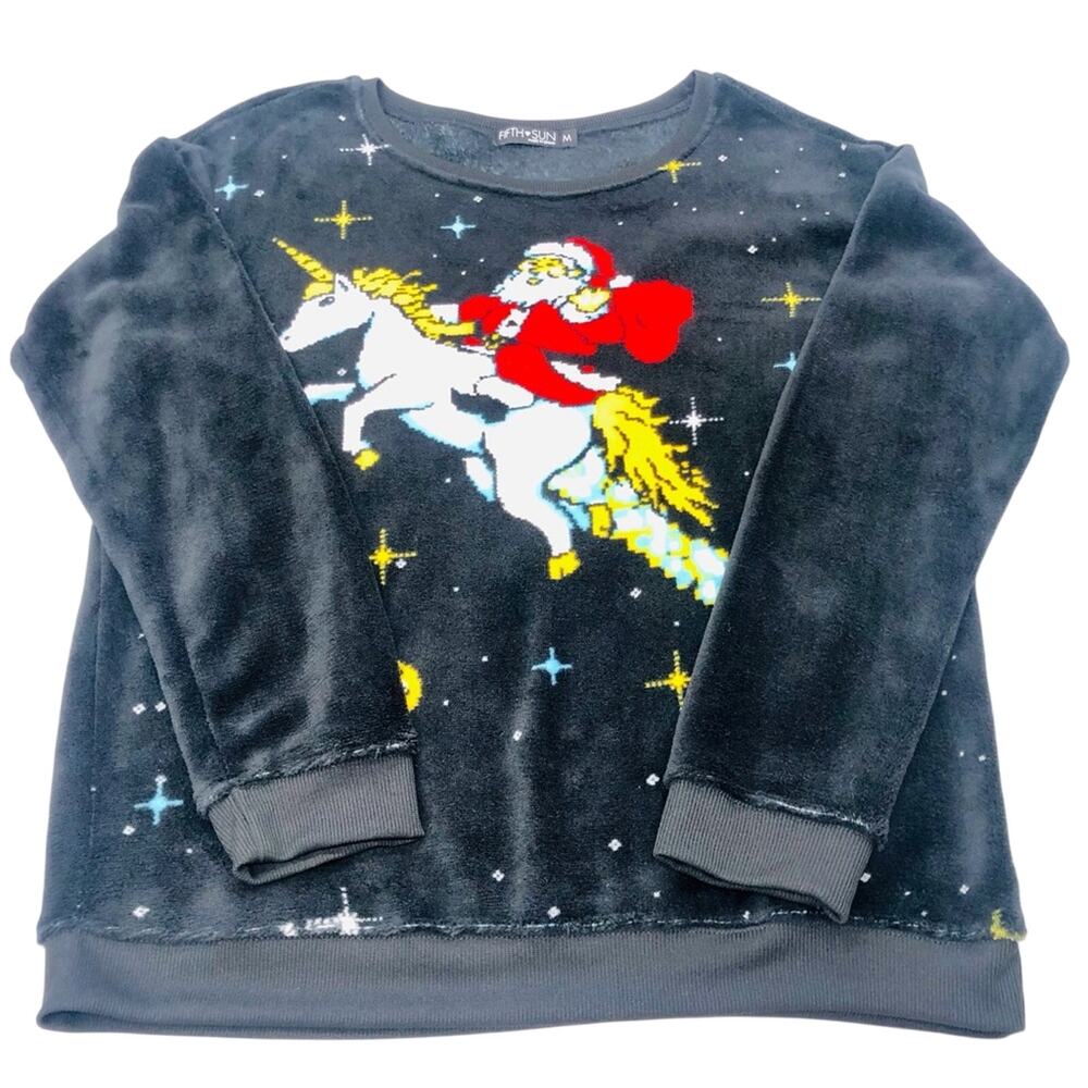 NWOT Fifth Sun Santa on a Unicorn in the Universe Black Fleece Top Long Sleeve - Picture 3 of 16